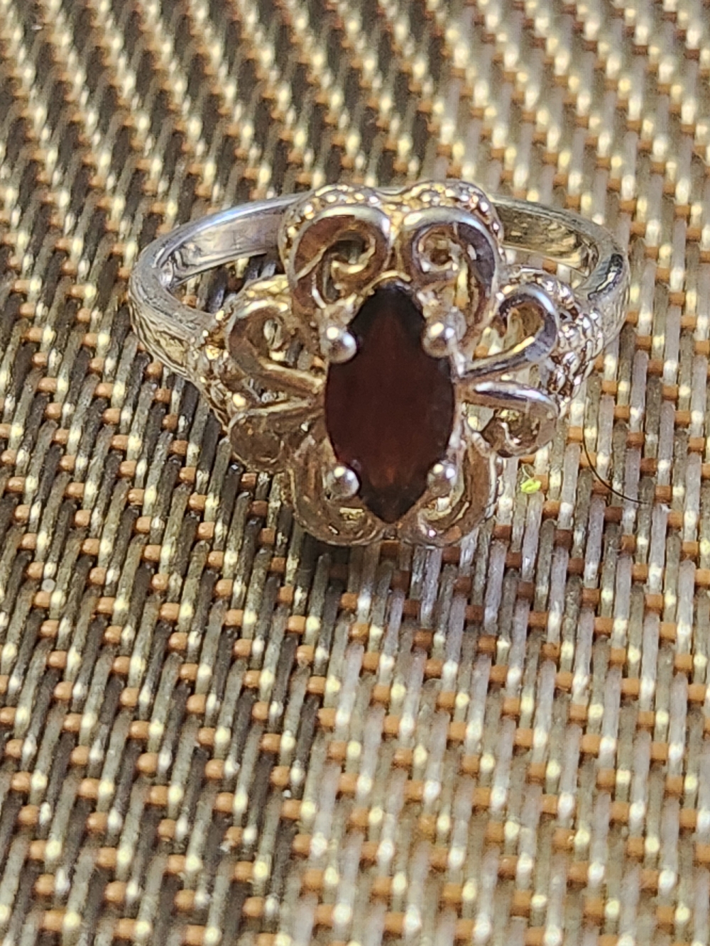 Vintage Silver Floral Garnet Ring - Deep Red Stone